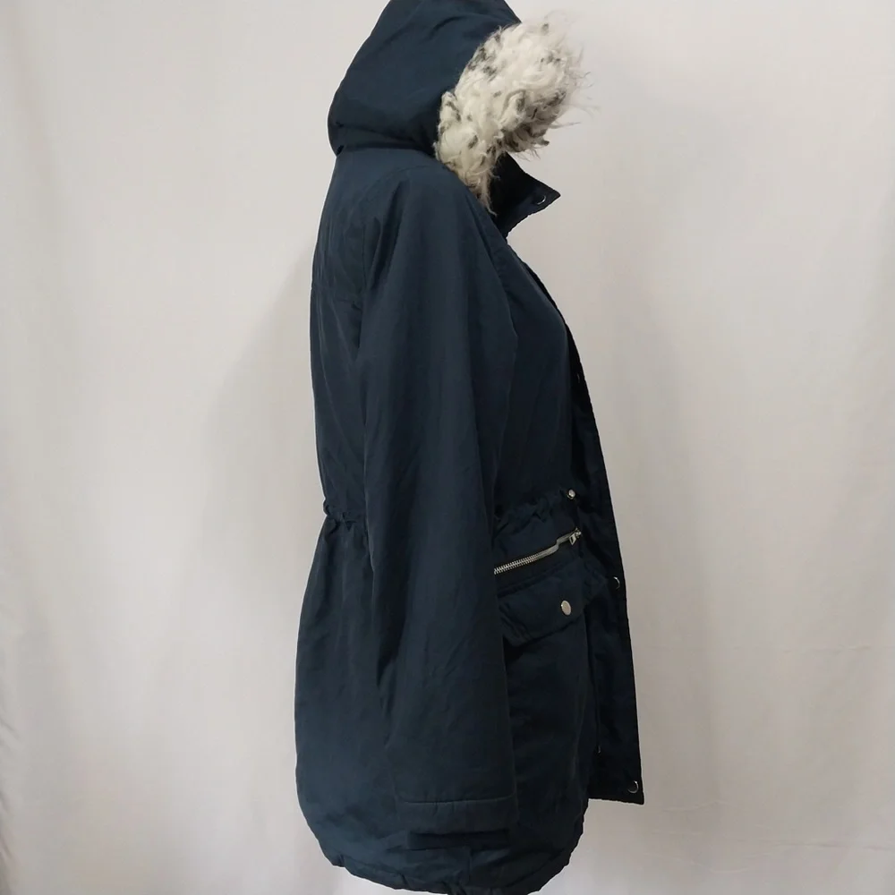 Tiffosi Navy Blue Hooded White Faux Fur Zip Up Button Down Long Sleeve Jacket M - Picture 14 of 15